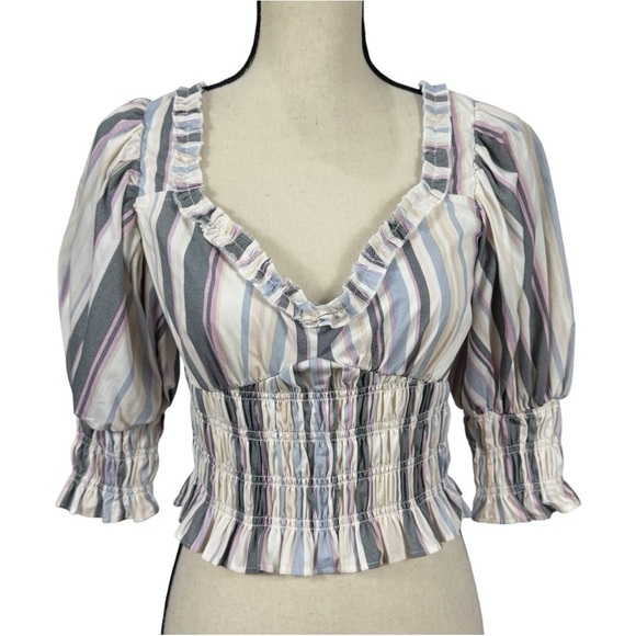 Forever 21 Multicolor Striped Smocked Puff-Sleeve Size Large - Picture 1 of 15